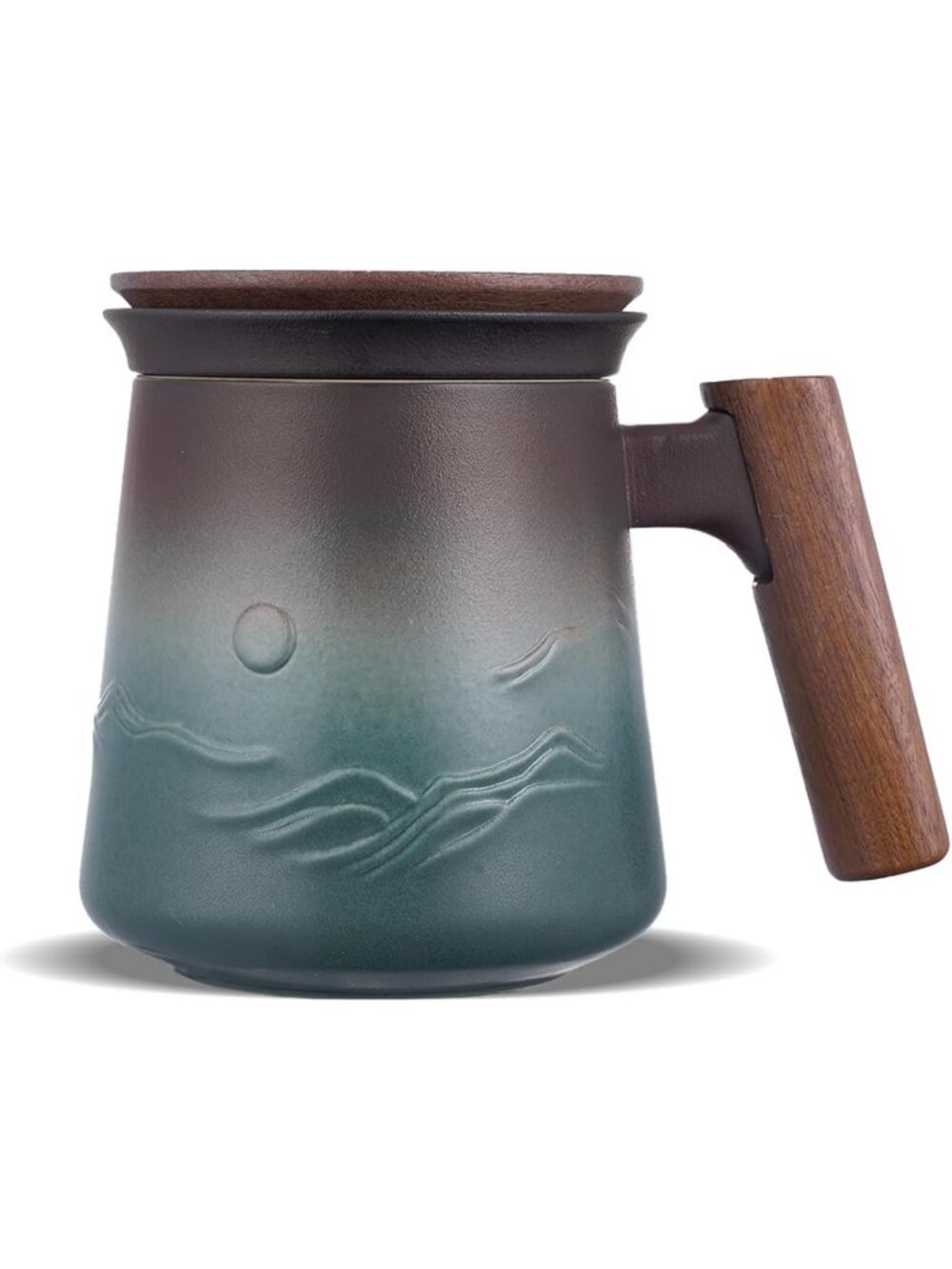 Embossed Ceramic Tea Mug with Infuser & Lid, 14.5 oz, Wooden Handle, Perfect for